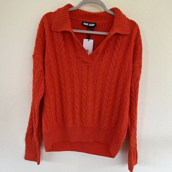 DKNY Cable Sweater XLARGE Knit pullover V-Neck Long-Sleeve Orange Tangerine NWT - Picture 1 of 9